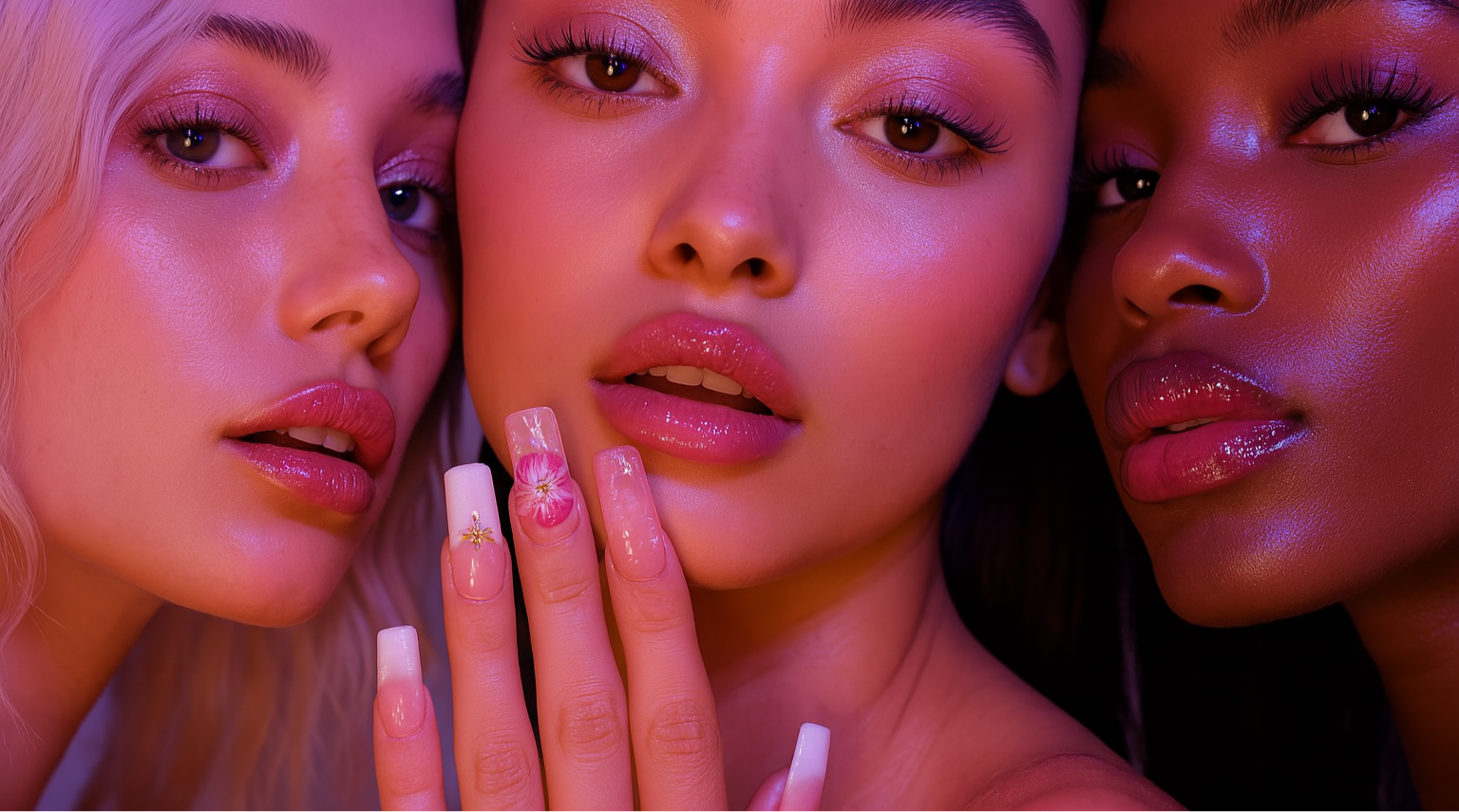 Three women with stylized makeup and nail art posing together.